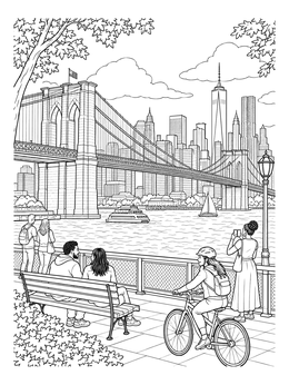 Scenic view in this Brooklyn Bridge coloring page showing people enjoying the riverfront promenade.