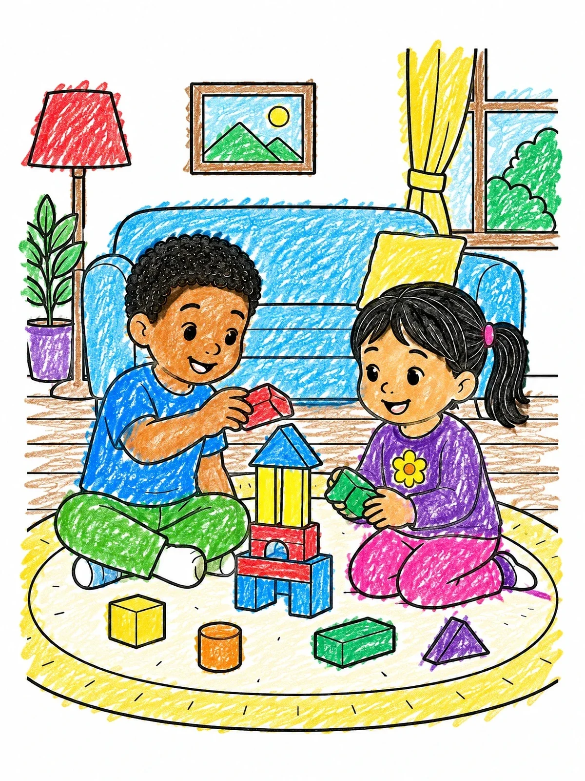 Colored example of the Brother And Sister Building Blocks coloring page