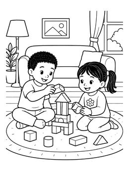 A brother coloring page with a boy and girl building a block tower on the rug.