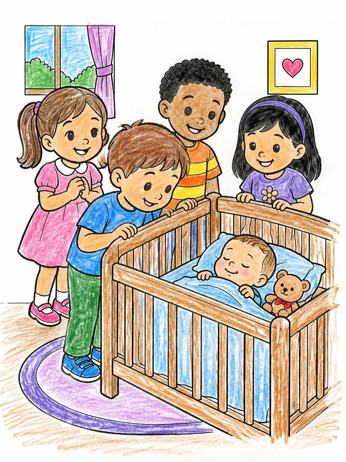 Colored example of the Children Greeting A Sleeping Baby coloring page