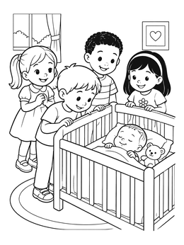 Children look into a wooden crib at a newborn on this brother coloring page.