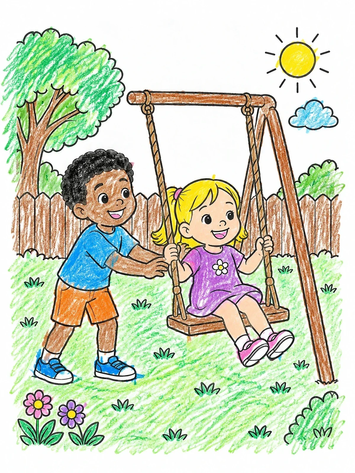 Colored example of the Brother Pushing Sister On Swing coloring page