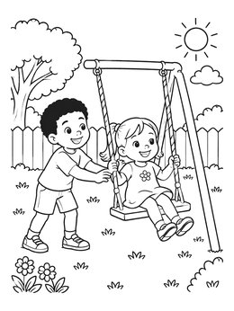 A smiling boy pushes his sister on a swing in this brother coloring page.