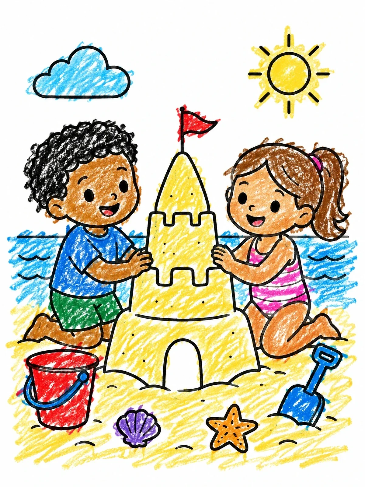Colored example of the Brother And Sister Building Sandcastle coloring page
