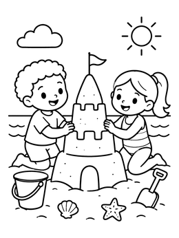 Free printable Brother And Sister Building Sandcastle coloring page