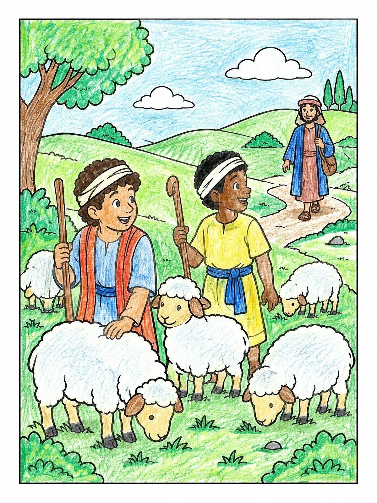 Colored example of the Young Shepherds With Flock Of Sheep coloring page