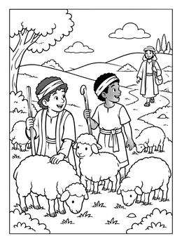 Free printable Young Shepherds With Flock Of Sheep coloring page