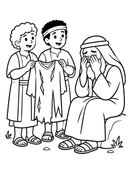 A biblical brother coloring page showing two brothers holding a torn tunic before their weeping father.