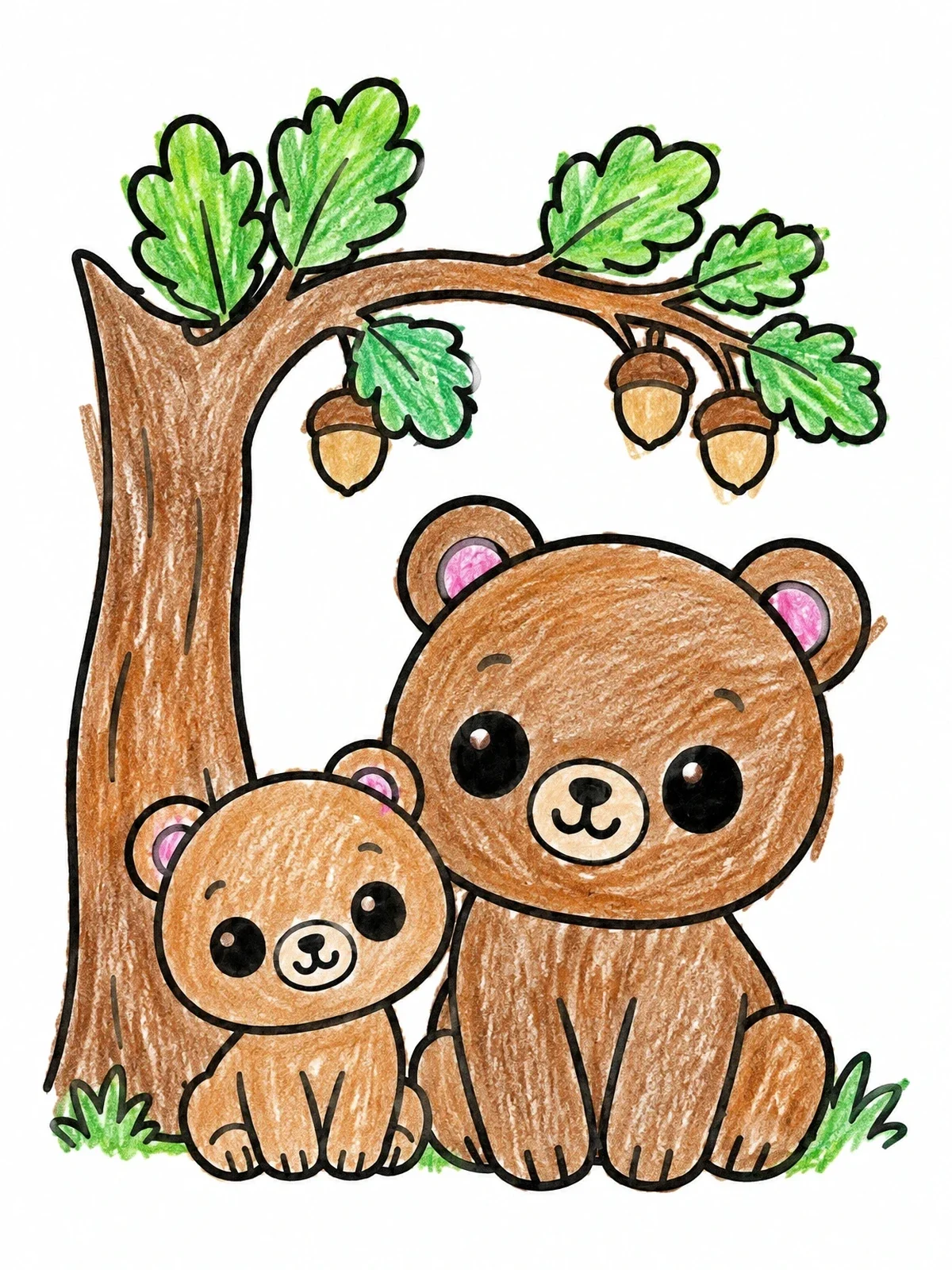 Colored example of the Brown Bear And Cub Under Oak Tree coloring page