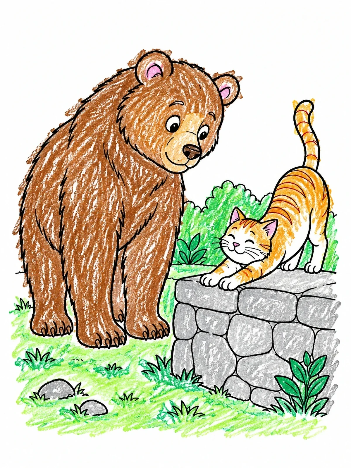 Colored example of the Friendly Brown Bear And Stretching Cat coloring page