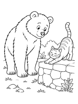 A brown bear coloring page featuring a curious bear meeting a cat stretching on a low stone wall.