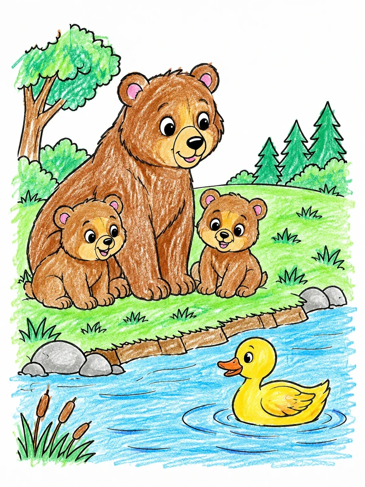 Colored example of the Bear Family Watching A Duck coloring page