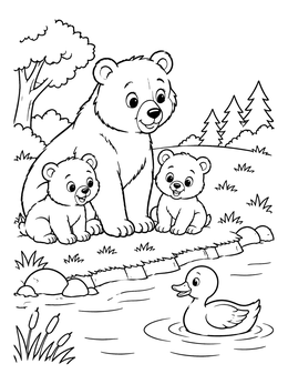A mother bear and two cubs by a river on this brown bear coloring page.