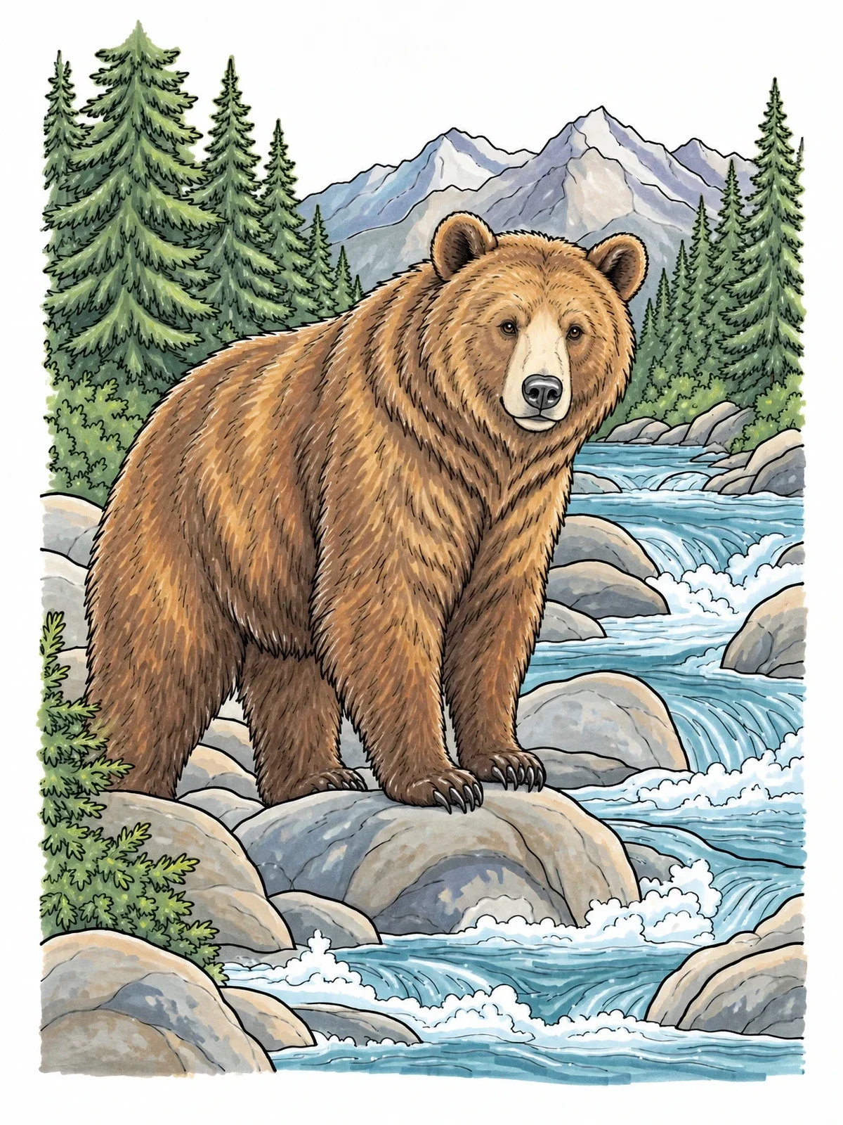 Colored example of the Brown Bear Standing By Mountain River coloring page