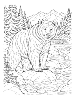 A detailed brown bear coloring page standing on river rocks in front of pine trees and mountains.
