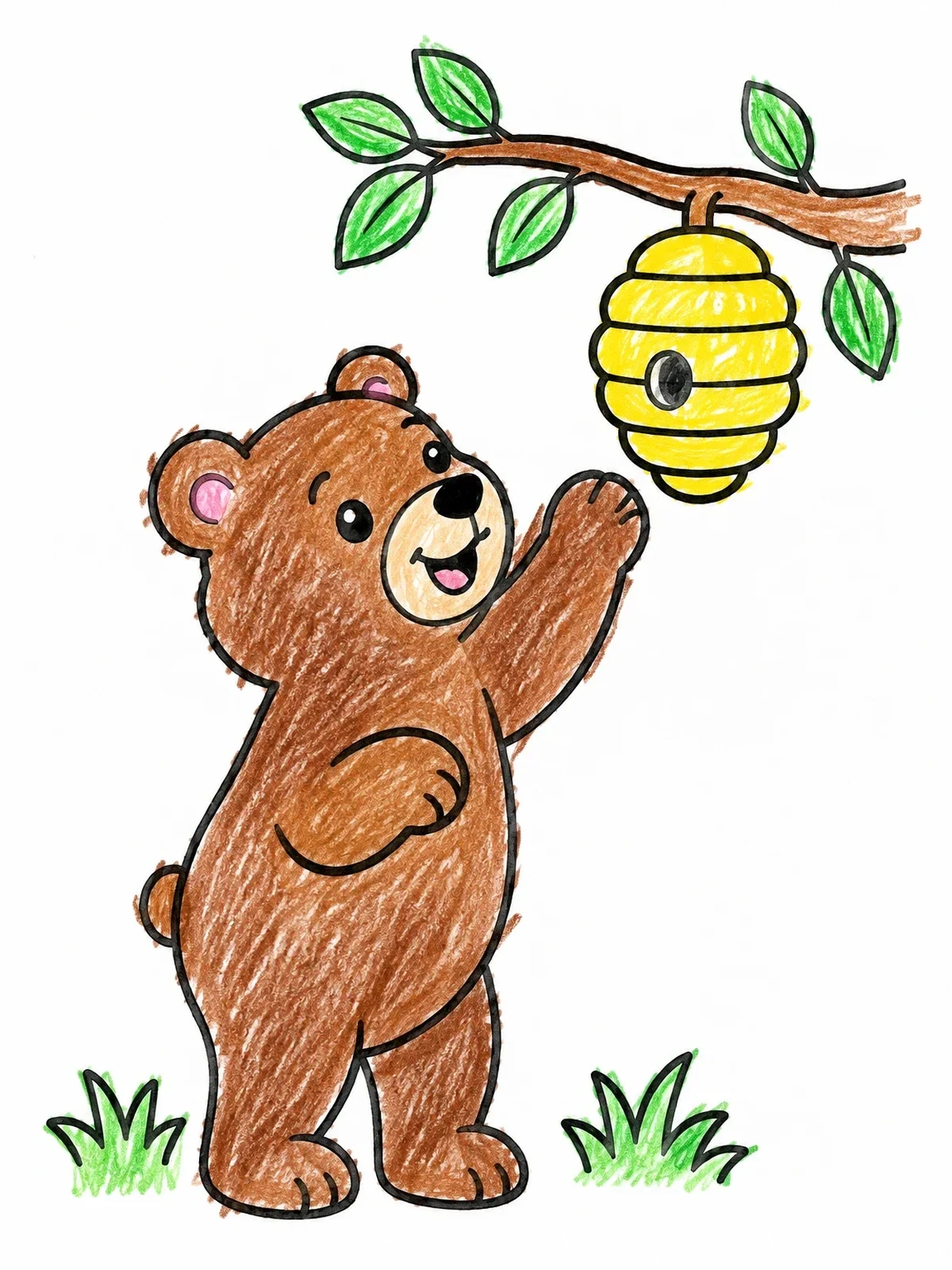 Colored example of the Cute Bear Cub And Beehive coloring page
