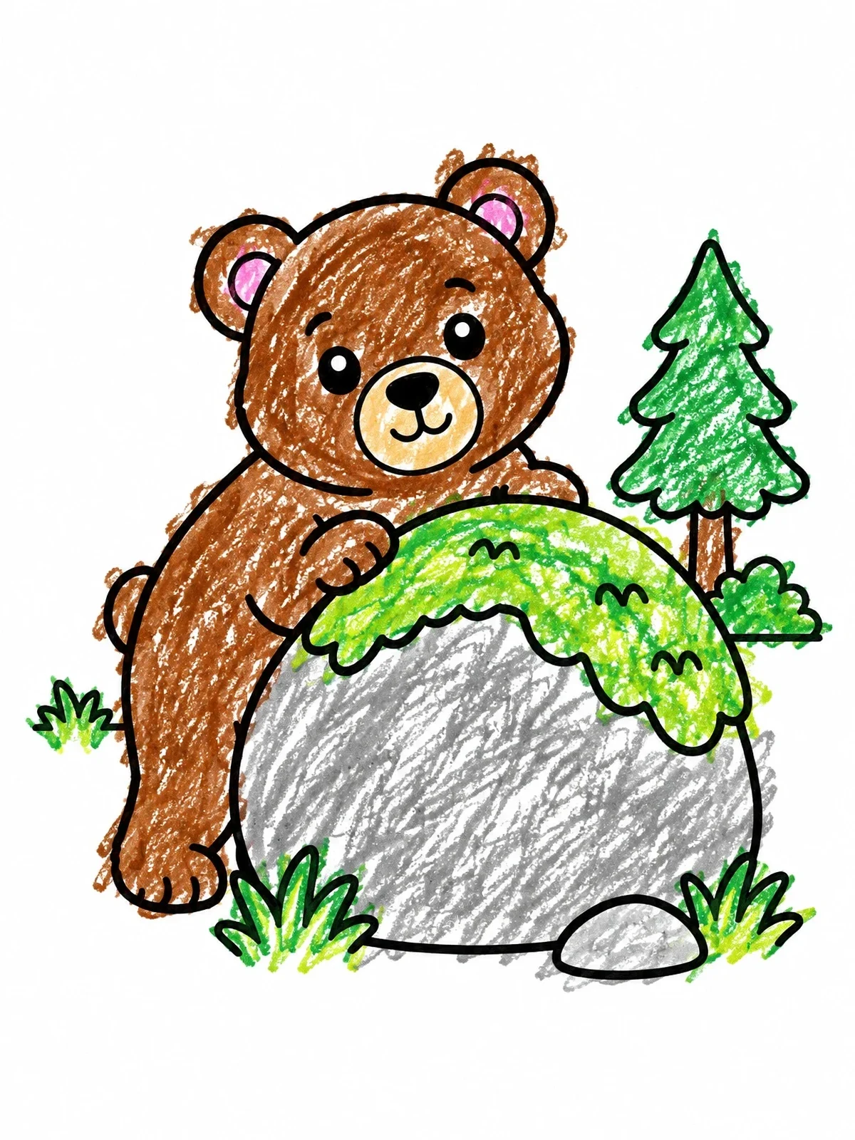Colored example of the Cute Bear Cub Behind Boulder coloring page