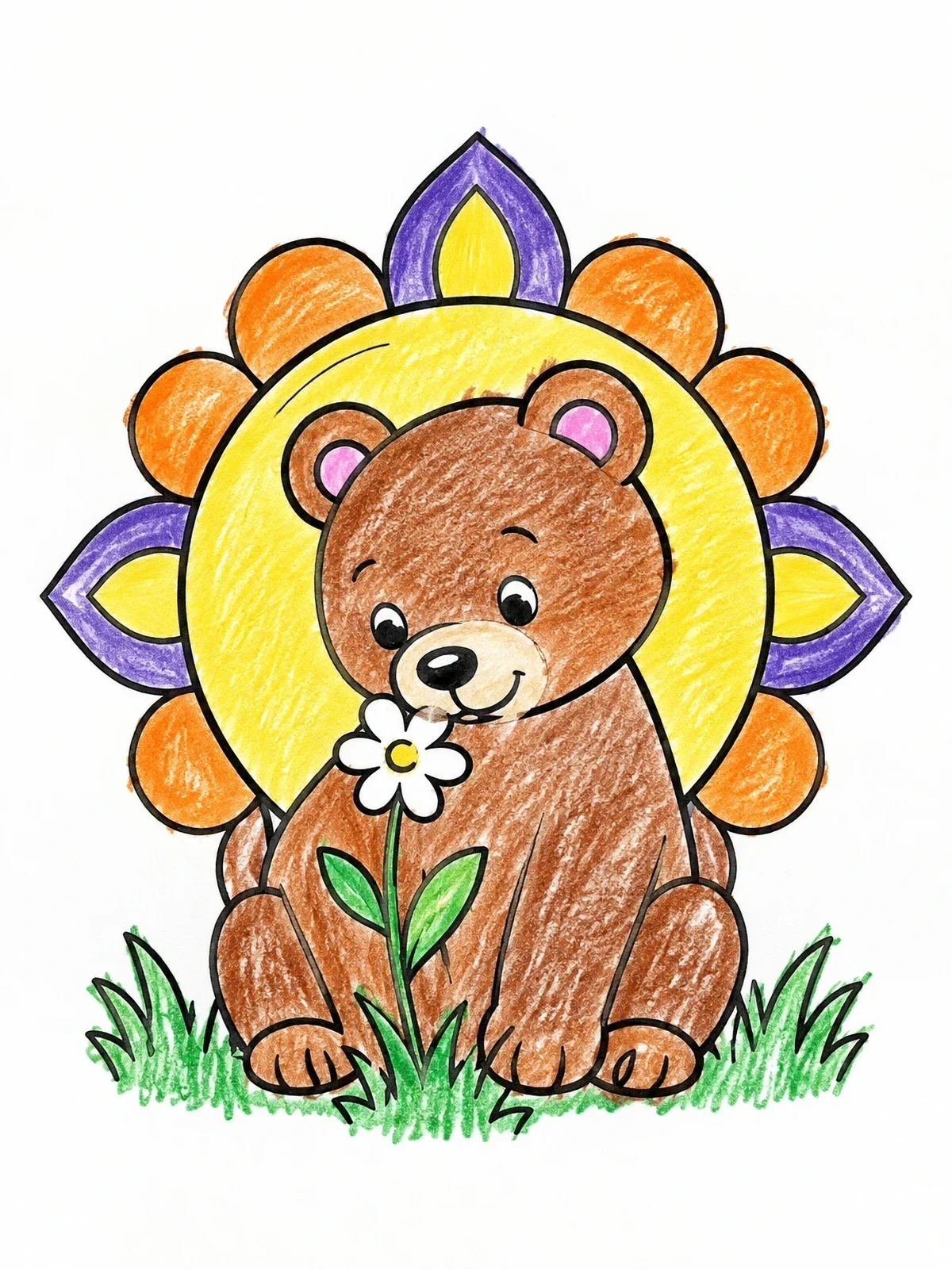 Colored example of the Cute Bear Cub Sniffing A Flower coloring page