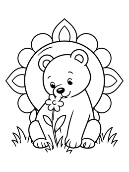 Free printable Cute Bear Cub Sniffing A Flower coloring page