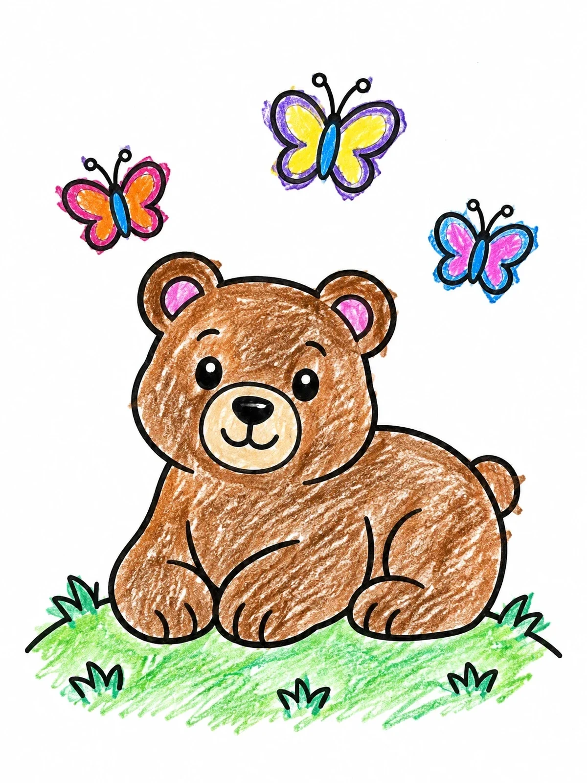 Colored example of the Cute Bear Cub With Butterflies coloring page