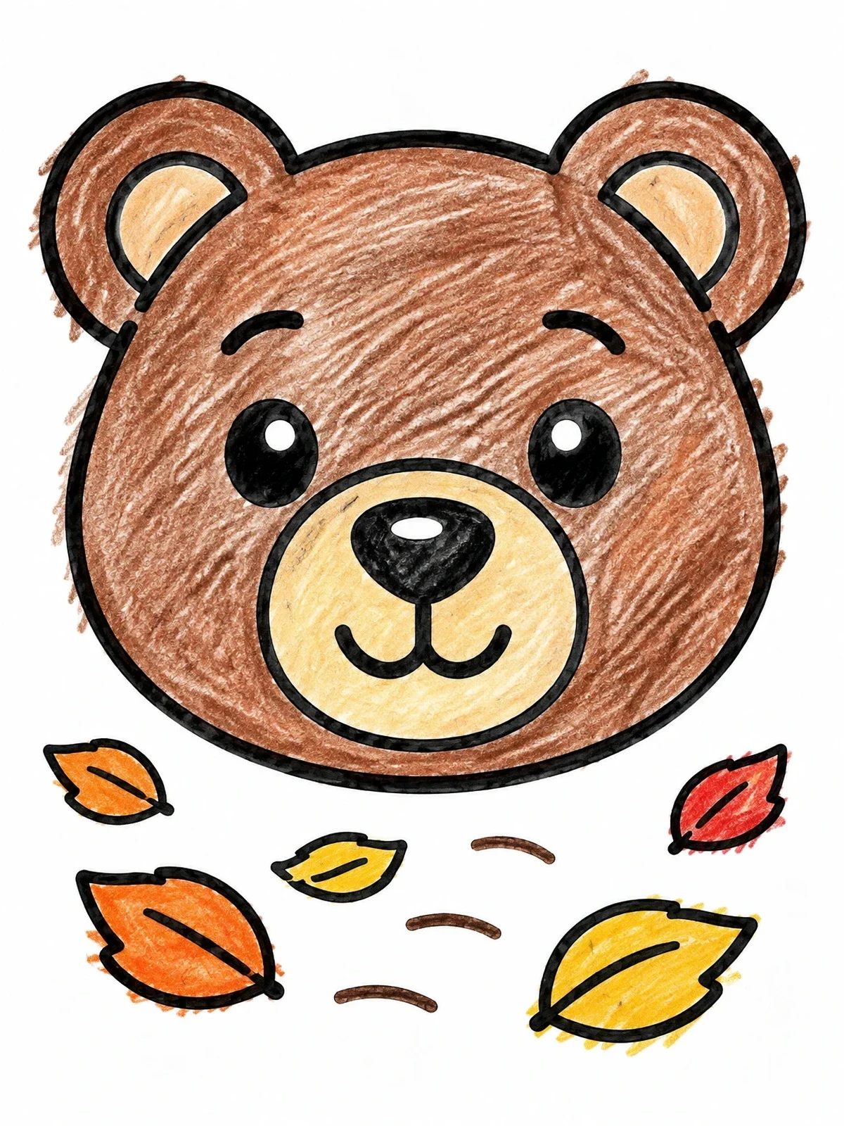 Colored example of the Cute Bear Face With Autumn Leaves coloring page