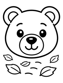 A friendly brown bear coloring page with simple autumn leaves underneath.
