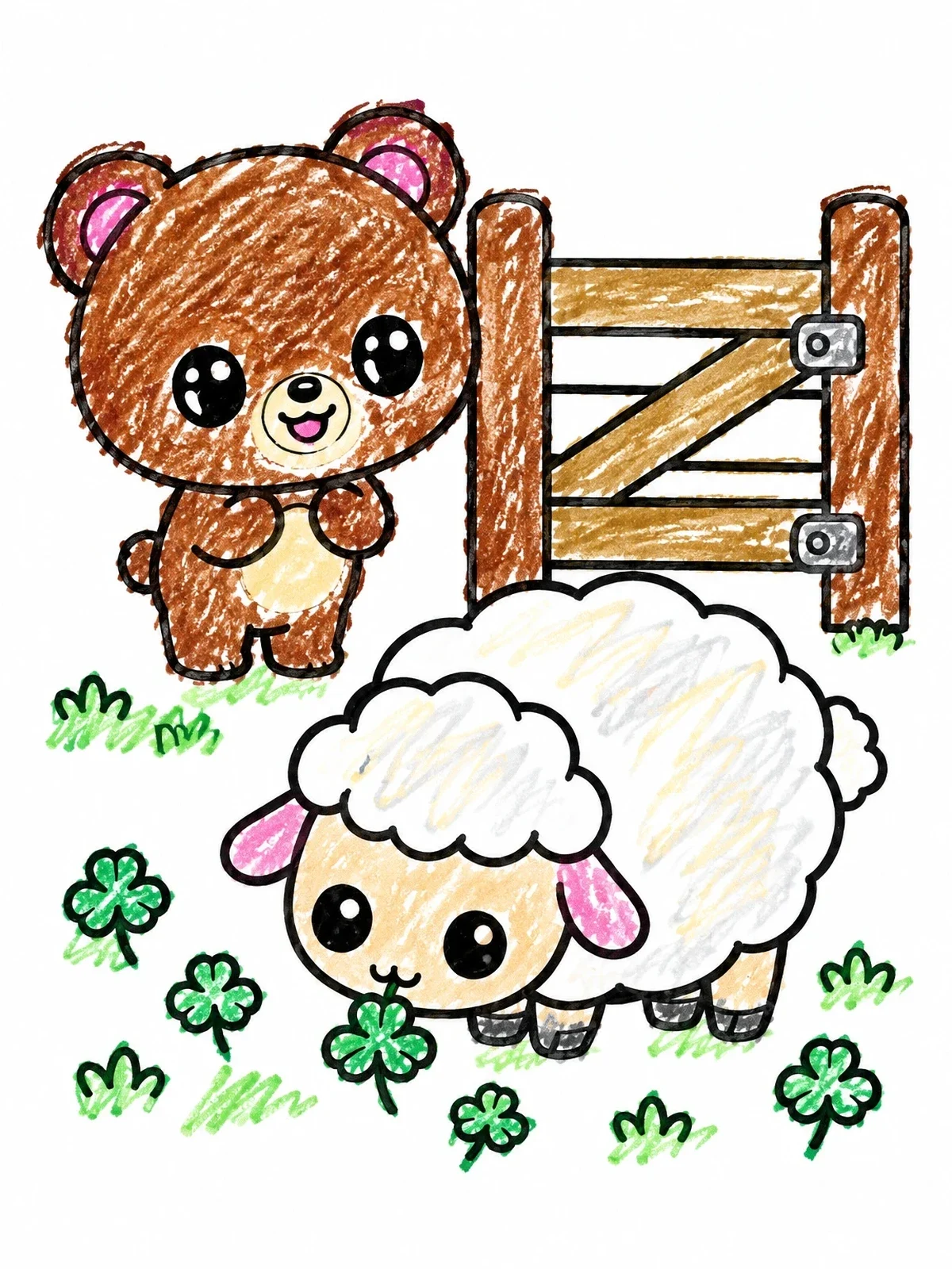 Colored example of the Cute Bear Watching A Grazing Sheep coloring page
