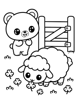 A brown bear coloring page featuring a cute bear cub and a fluffy lamb eating clover by a farm gate.