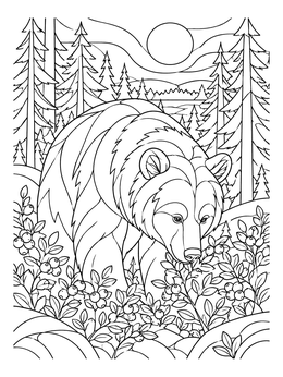 A wild brown bear foraging among berries in this estonia coloring page set in a pine forest.