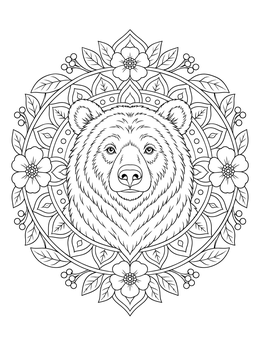 A detailed brown bear coloring page inside a circular floral mandala with leaves.