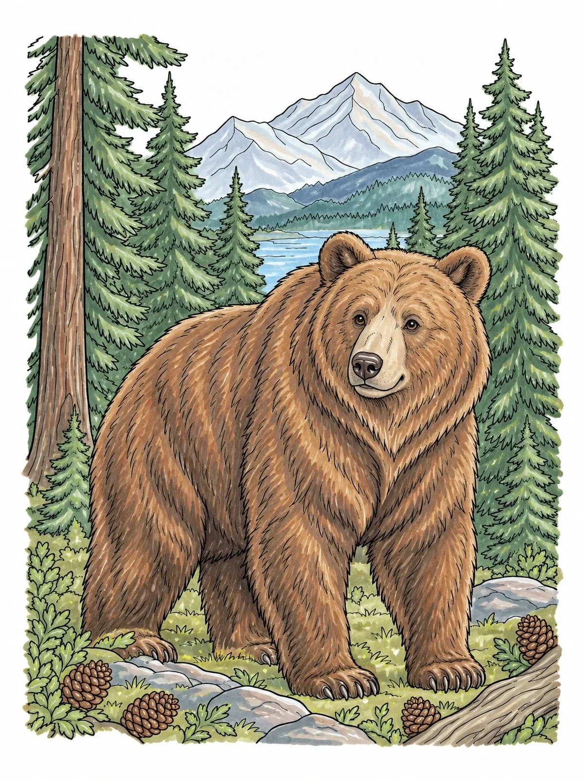 Colored example of the Brown Bear In Pine Forest coloring page