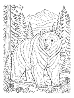 A realistic brown bear coloring page standing in a pine forest with mountain peaks.