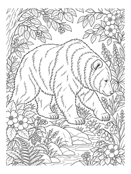 A detailed brown bear coloring page featuring a large bear among lush woodland flora.
