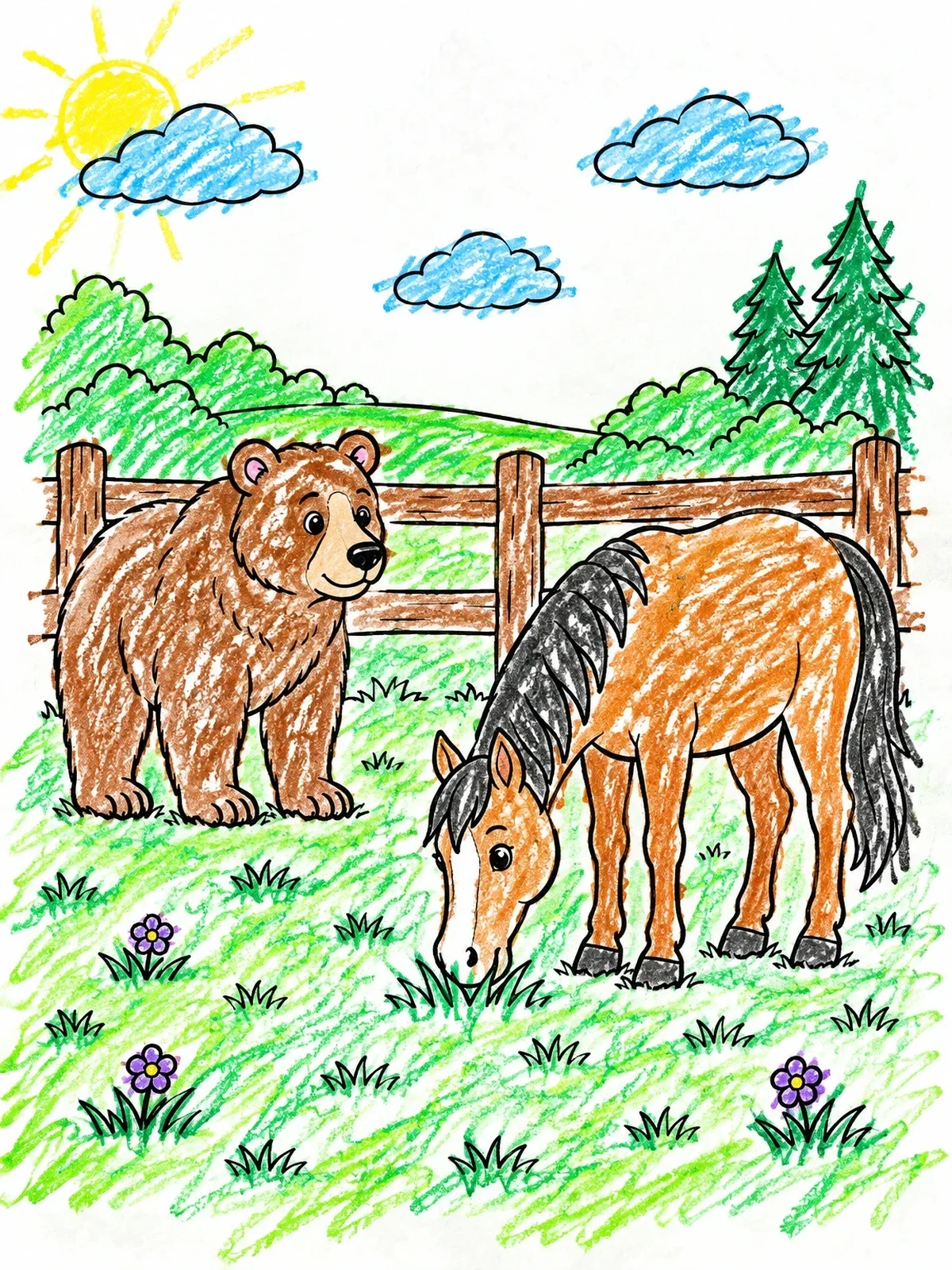 Colored example of the Brown Bear Watching Grazing Horse coloring page