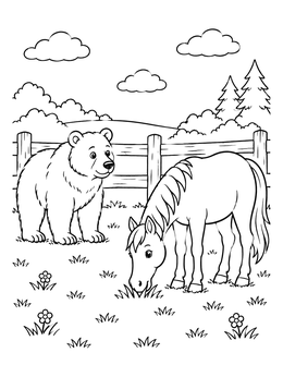 A brown bear coloring page showing a friendly bear and horse in a pasture.