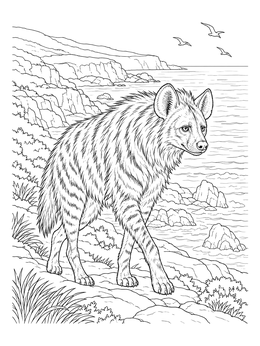 A detailed hyena coloring page showing a shaggy hyena walking along a scenic ocean cliff.