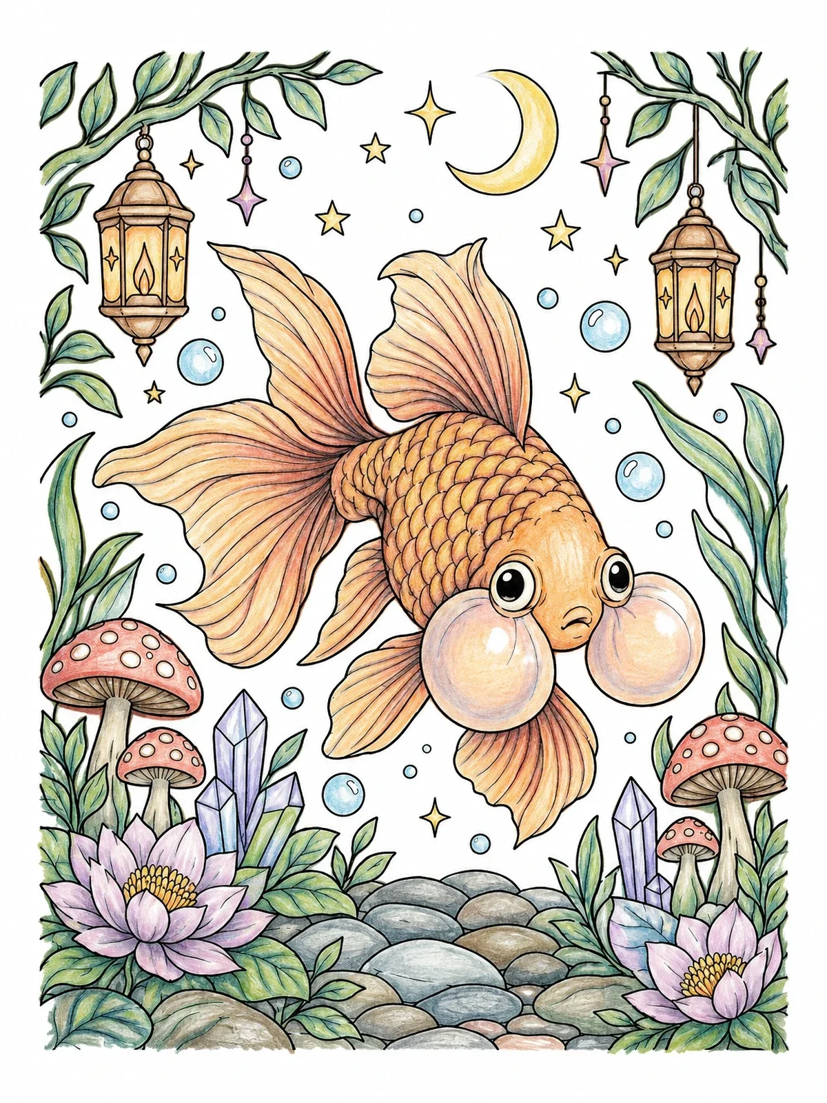 Colored example of the Bubble Eye Goldfish In Fantasy Pond coloring page