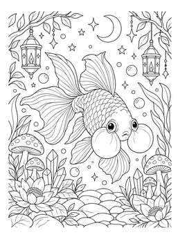 A detailed goldfish coloring page with a bubble eye goldfish, lanterns, and crystals.