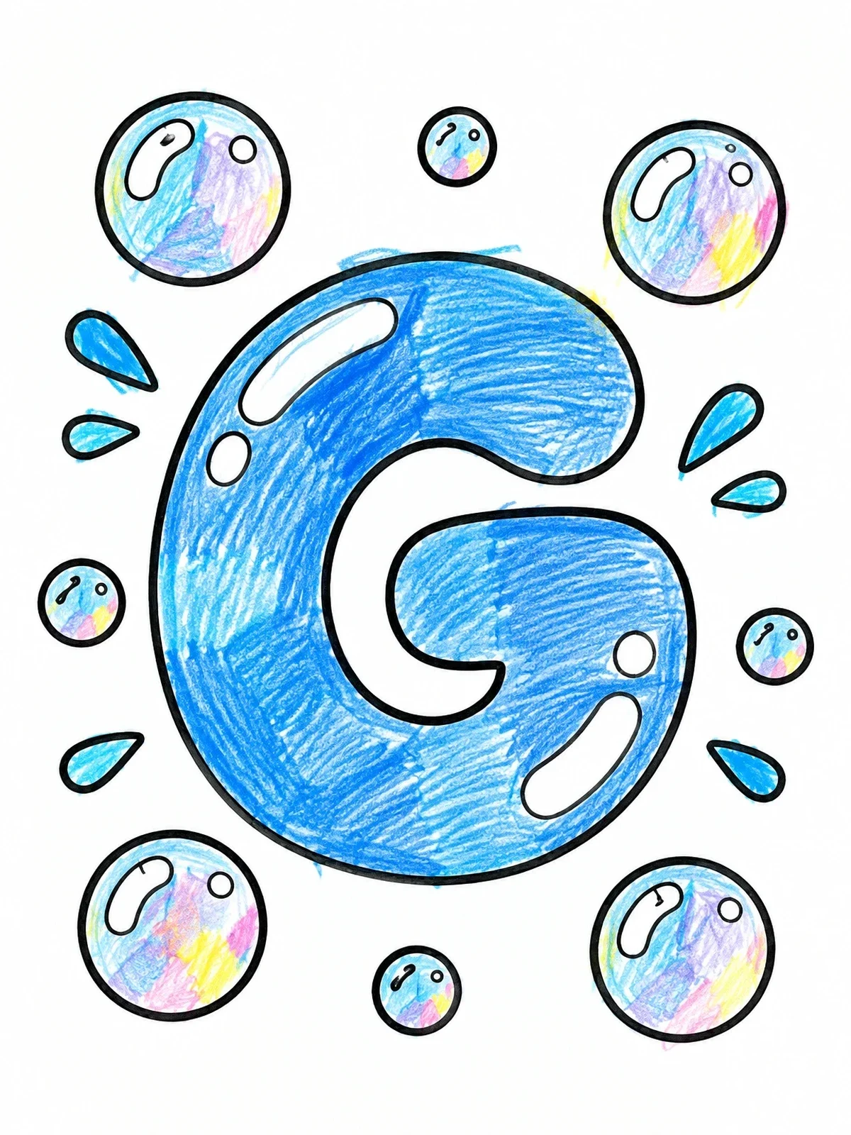 Colored example of the Bubble Letter G With Soap Bubbles coloring page