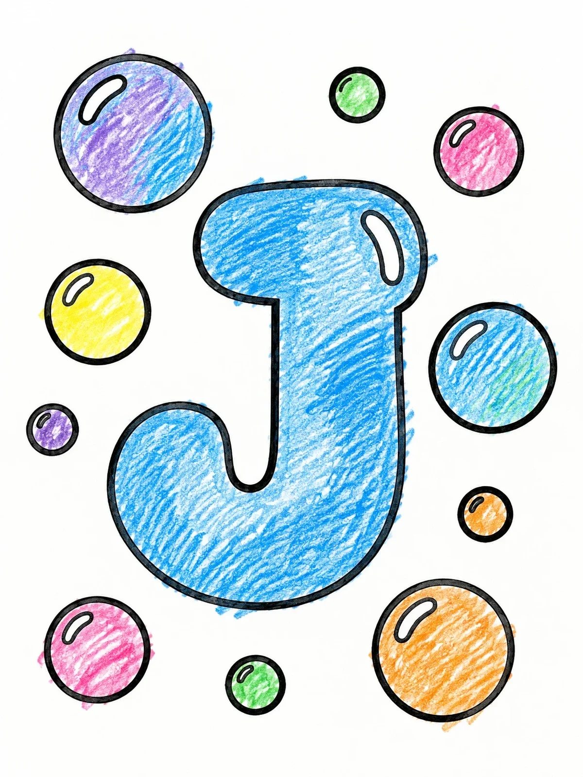 Colored example of the Bubble Letter J With Floating Bubbles coloring page