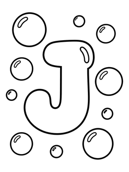 A simple letter j coloring page surrounded by shiny soap bubbles.