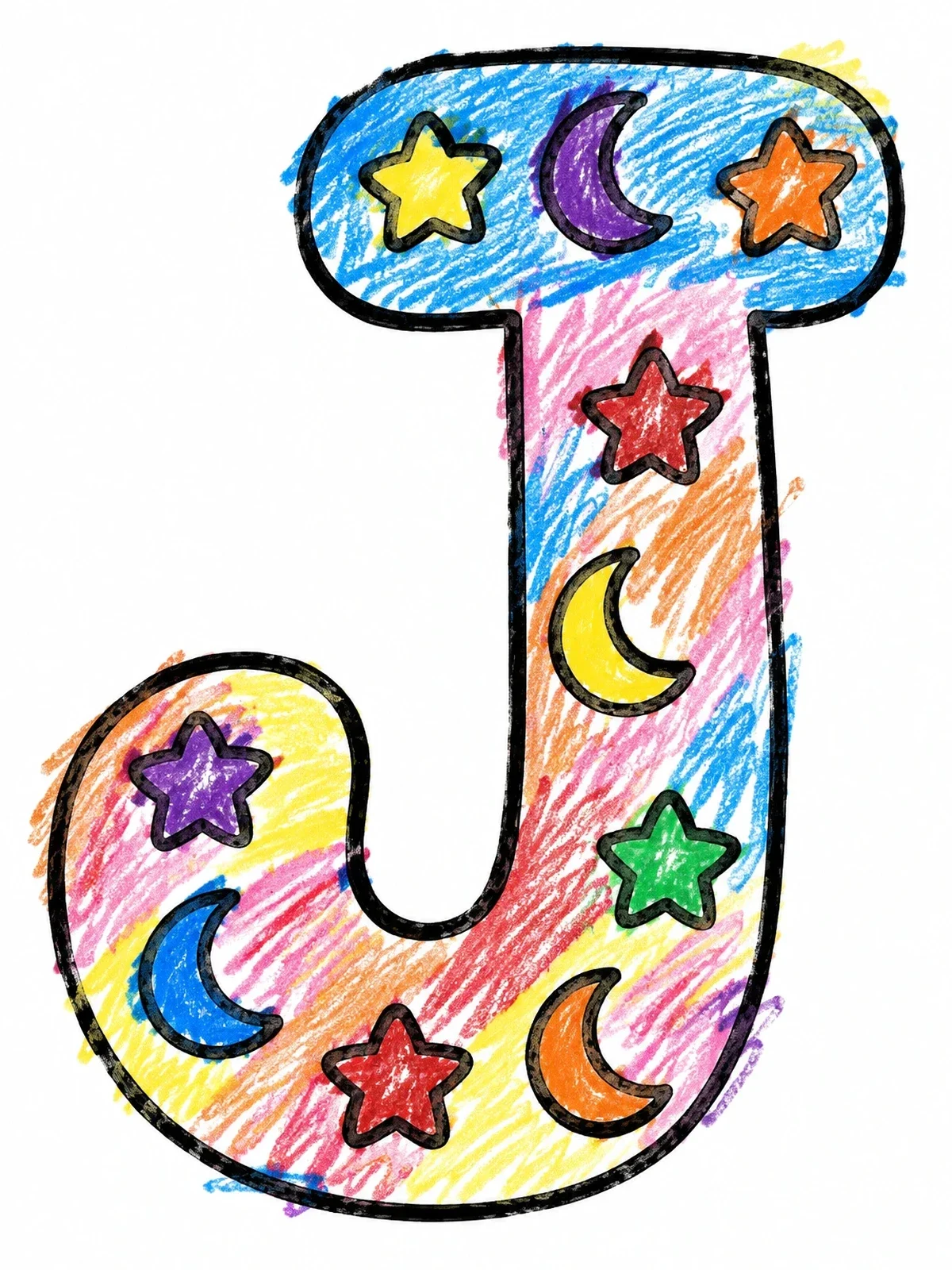 Colored example of the Bubble Letter J With Stars And Moons coloring page