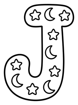 A bold bubble letter J coloring page decorated with stars and crescent moons.