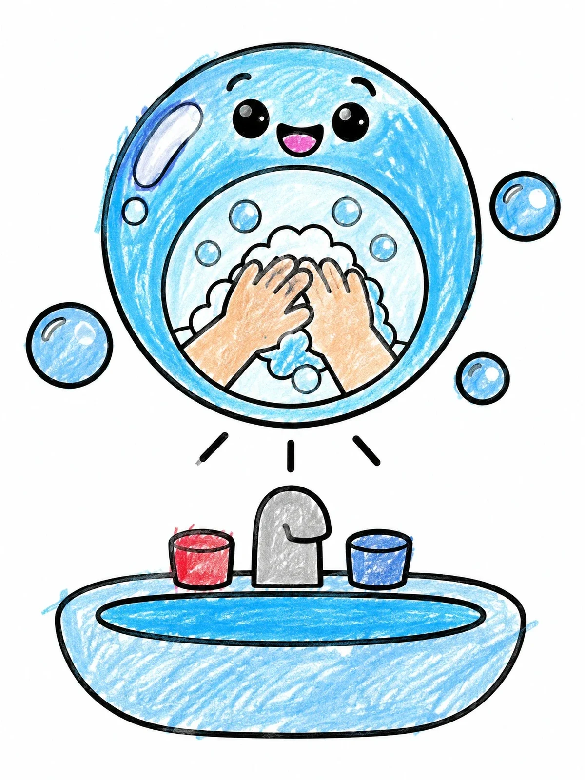 Colored example of the Smiling Bubble Over Wash Sink coloring page