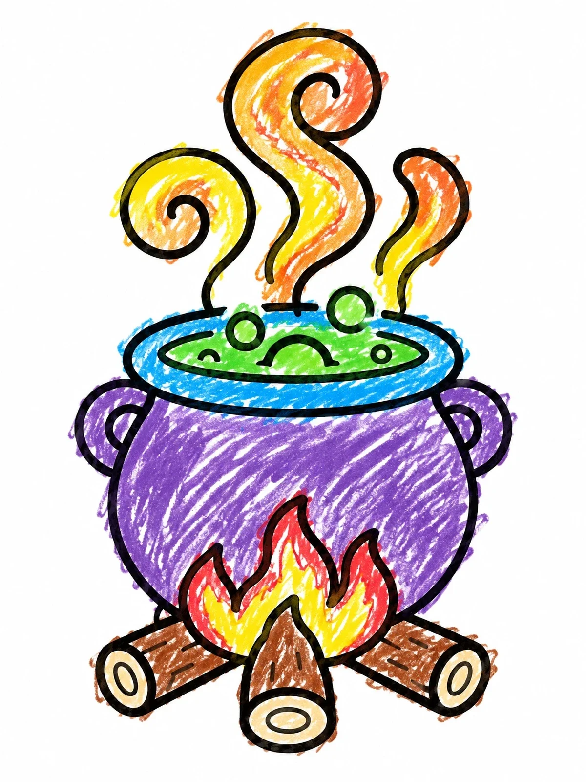 Colored example of the Bubbling Cauldron Over Campfire coloring page