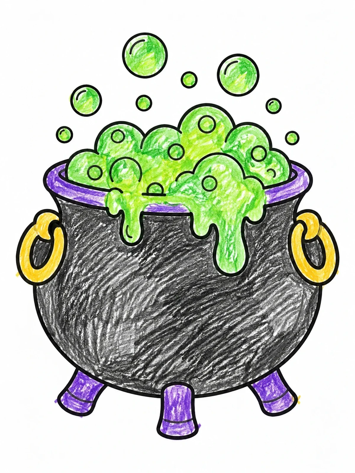 Colored example of the Bubbling Halloween Witch Cauldron coloring page