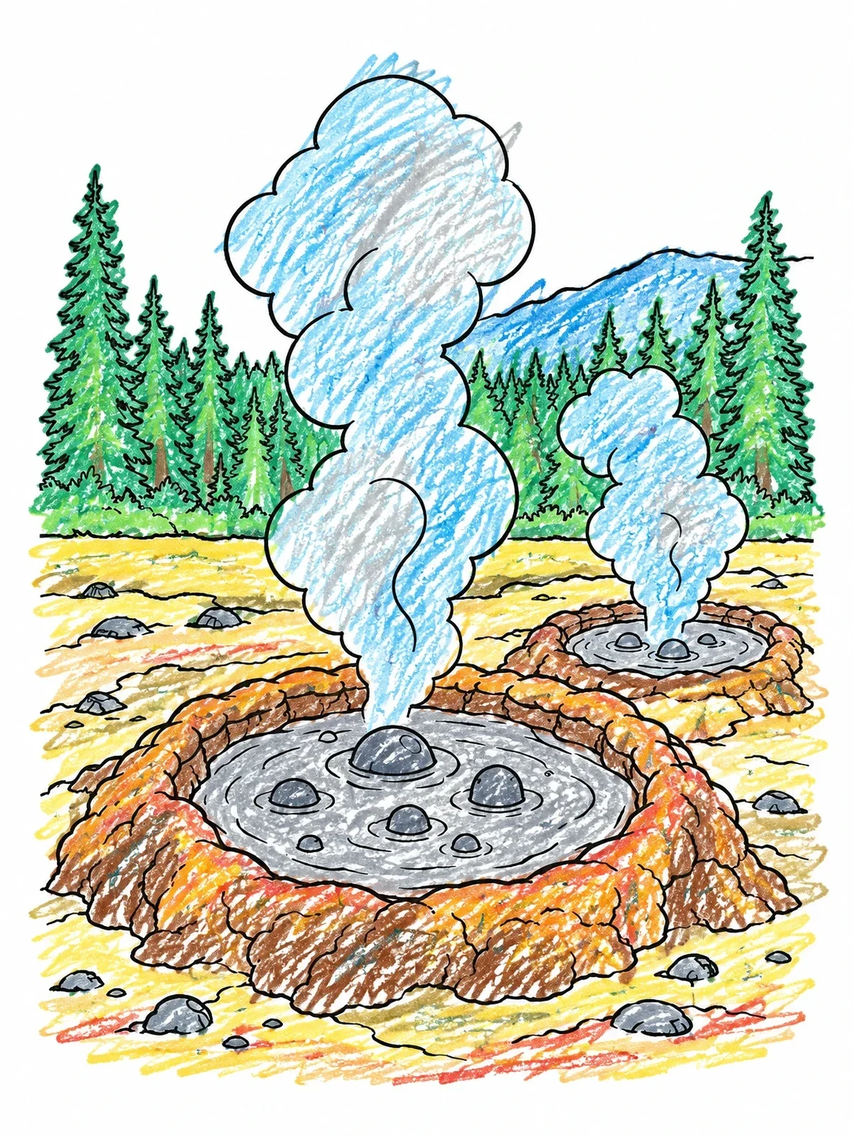Colored example of the Bubbling Mud Pots Of Yellowstone coloring page