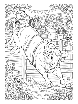 A lively bull coloring page showing a bucking bull jumping in a rodeo arena before a smiling crowd.