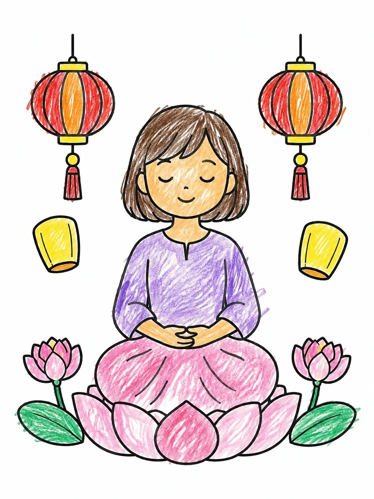 Colored example of the Child Meditating On A Lotus Flower coloring page