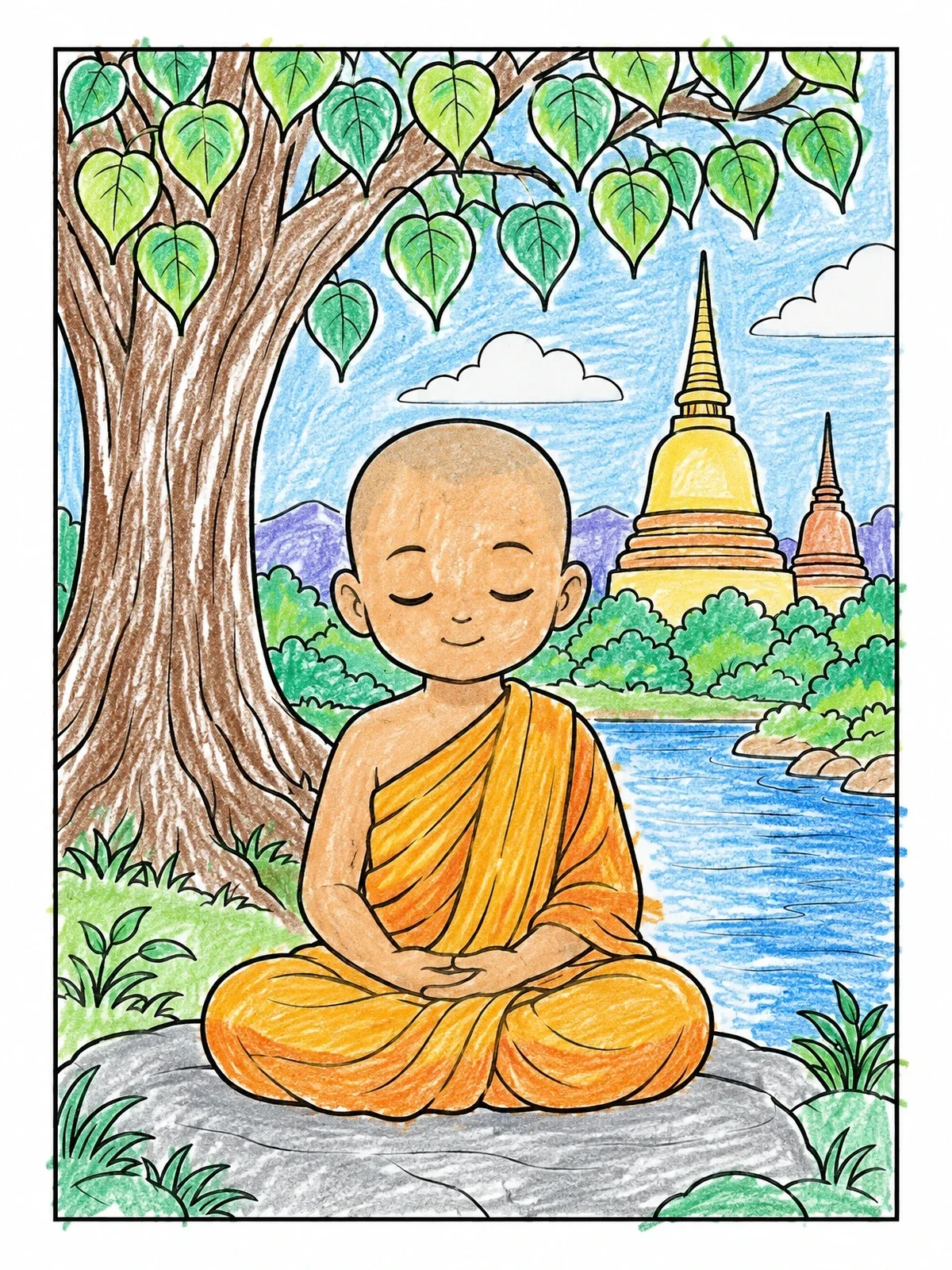 Colored example of the Young Monk Meditating By The River coloring page
